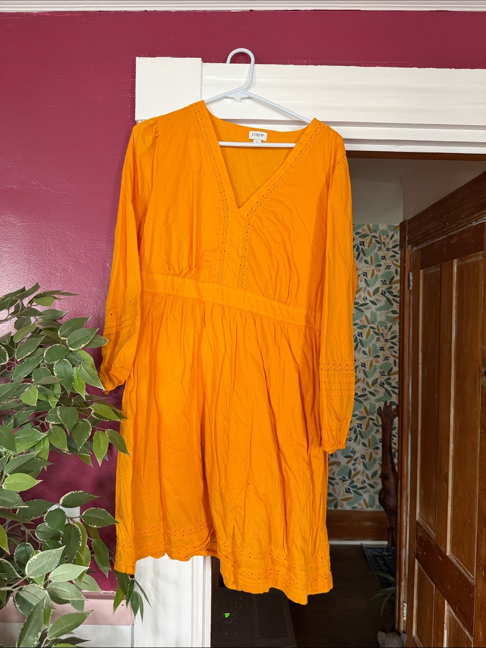 J. Crew Bright Yellow Orange V-Neck Long Sleeve Cotton Dress